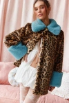 Kimchi Blue Lenora Leopard Print Faux Fur Trim Coat Jacket In Leopard, Women's At Urban Outfitters In Brown
