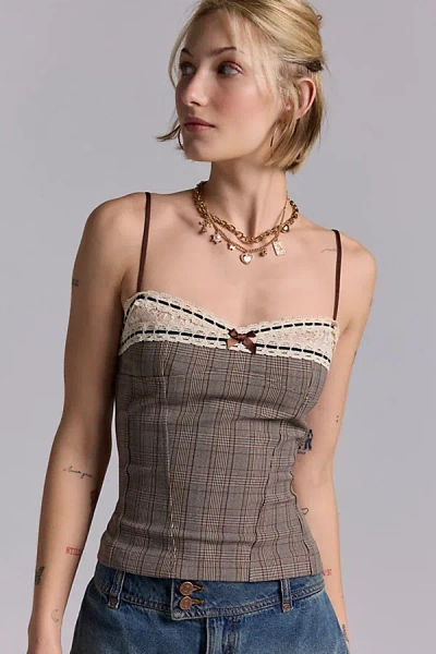 Kimchi Blue Lexi Lace Trim + Bow Detail Cami In Plaid, Women's At Urban Outfitters In Brown