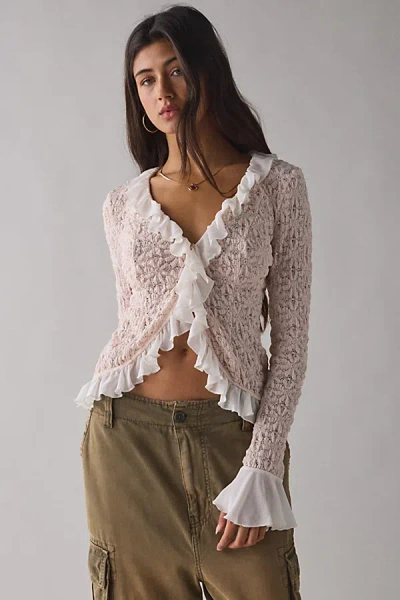 Kimchi Blue Libby Ruffle Trim Flyaway Lace Cardigan Top In Pink, Women's At Urban Outfitters