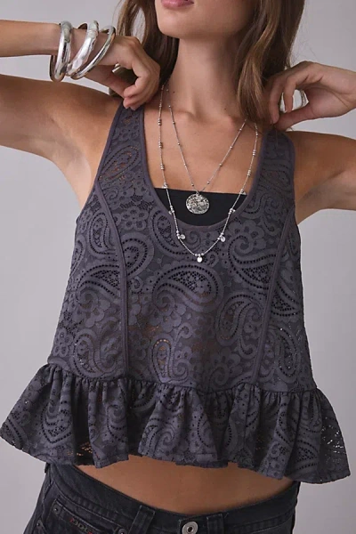 Kimchi Blue Lillie Sheer Lace Ruffle Tank Top In Grey, Women's At Urban Outfitters In Gray