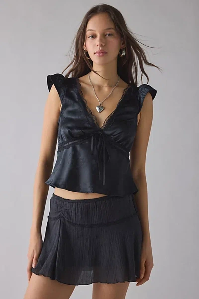 Kimchi Blue Lily Lace Trim Satin Milkmaid Top In Black, Women's At Urban Outfitters