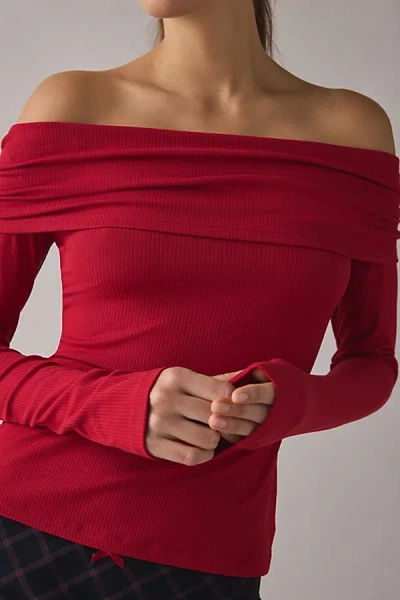 Kimchi Blue Lily Ruched Foldover Off-the-shoulder Knit Top In Dark Red, Women's At Urban Outfitters In Multi