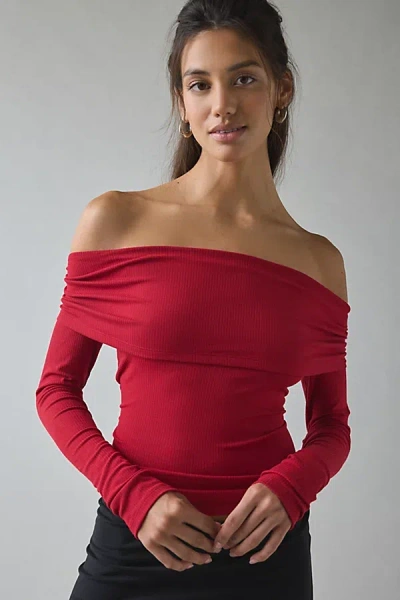 Kimchi Blue Lily Ruched Foldover Off-the-shoulder Knit Top In Red, Women's At Urban Outfitters