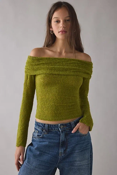 Kimchi Blue Lily Sheer Lace Long Sleeve Off-the-shoulder Top In Olive, Women's At Urban Outfitters In Animal Print