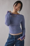 Kimchi Blue Lola Lace Trim Boatneck Long Sleeve Top In Blue Stripe, Women's At Urban Outfitters In Blue