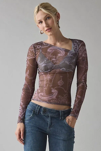 Kimchi Blue Love Club Asymmetric Sheer Mesh Long Sleeve Top In Purple, Women's At Urban Outfitters
