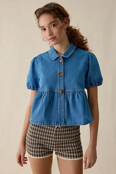 Kimchi Blue Matilda Short Sleeve Peplum Denim Jacket In Pale Blue, Women's At Urban Outfitters