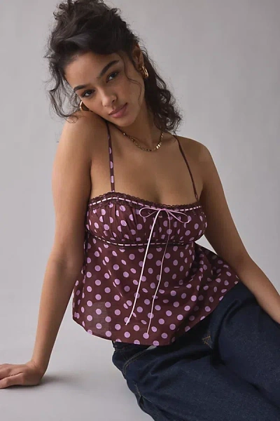Kimchi Blue Molly Lace & Ribbon Trim Babydoll Cami In Brown Polka Dot, Women's At Urban Outfitters In Purple