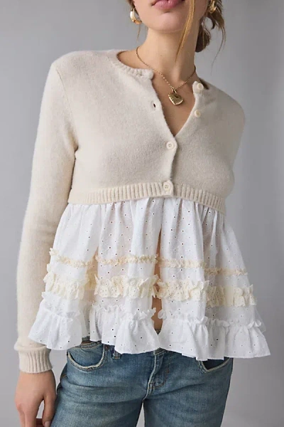 Kimchi Blue Monical Mixed Media Ruffle Peplum Cardigan In Antique White Combo, Women's At Urban Outfitters