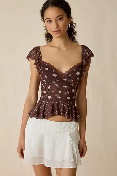 Kimchi Blue Night Bloom Flutter Sleeve Peplum Blouse In Brown, Women's At Urban Outfitters In Multi