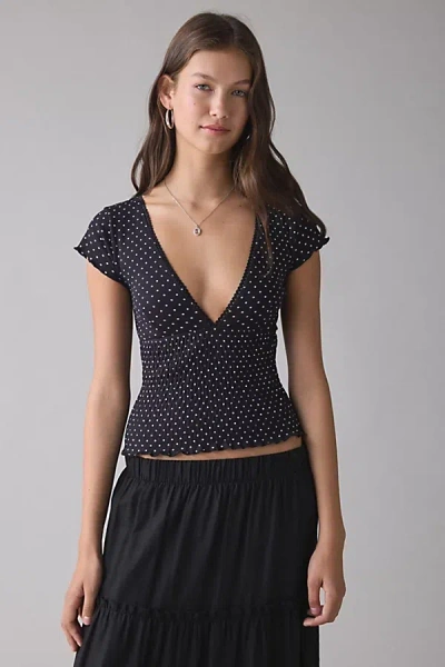 Kimchi Blue Only You Printed Smocked Short Sleeve Top In Black Polka Dots, Women's At Urban Outfitters