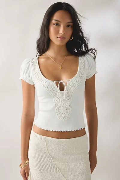 Kimchi Blue Ophelia Crochet Trim Puff Sleeve Tee In Ivory, Women's At Urban Outfitters In White