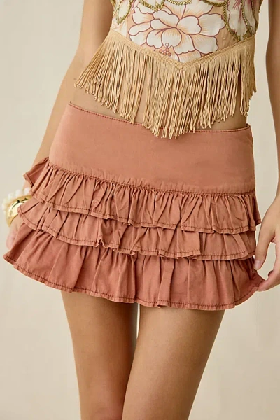 Kimchi Blue Painted Blooms Ruffle Mini Skirt In Orange, Women's At Urban Outfitters In Brown