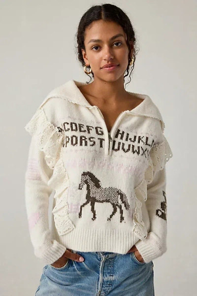 Kimchi Blue Paloma Lace Trim 1/4 Zip Pullover Sweater In Ivory, Women's At Urban Outfitters In White