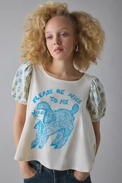 Kimchi Blue Please Be Nice Graphic Puff Sleeve Swing Tee In Cream, Women's At Urban Outfitters In White