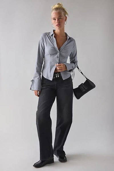 Kimchi Blue Poppy Button-front Flyaway Slim Shirt Top In Grey Pinstripe, Women's At Urban Outfitters In Gray