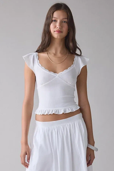 Kimchi Blue Posie Pointelle Knit Lace-trim Ruffle Top In Ivory, Women's At Urban Outfitters In White