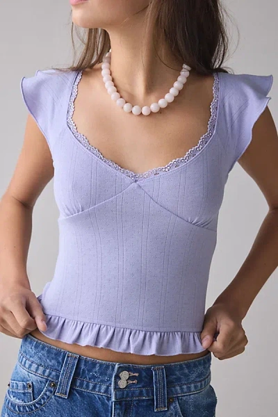 Kimchi Blue Posie Pointelle Knit Lace-trim Ruffle Top In Lavender, Women's At Urban Outfitters In Purple