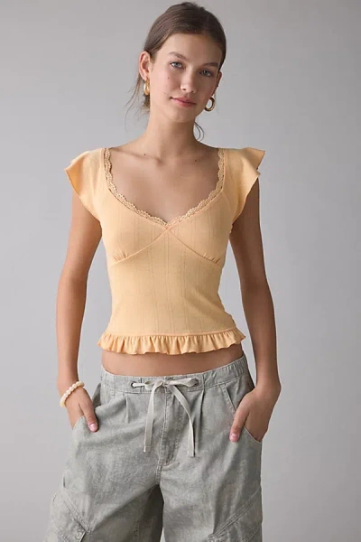 Kimchi Blue Posie Pointelle Knit Lace-trim Ruffle Top In Light Orange, Women's At Urban Outfitters