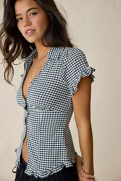 Kimchi Blue Rebecca Ruffle Split-front Slim Short Sleeve Button-up Shirt Top In Black, Women's At Urban Outfitte In Multi