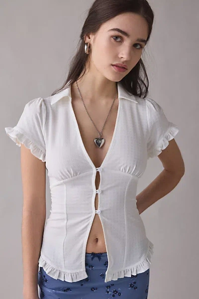 Kimchi Blue Rebecca Ruffle Split-front Slim Short Sleeve Button-up Shirt Top In White, Women's At Urban Outfitte