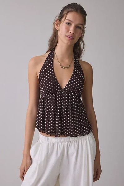 Kimchi Blue Renee Mesh Open Tie-back Babydoll Halter Top In Brown Polka Dot, Women's At Urban Outfitters In Black
