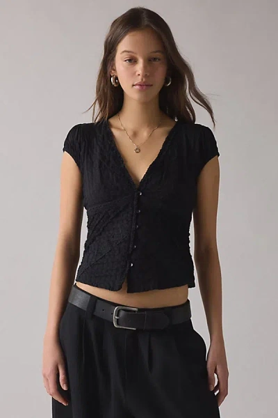 Kimchi Blue Robyn Ruffle + Lace Trim Puff Sleeve Button-up Blouse In Black, Women's At Urban Outfitters