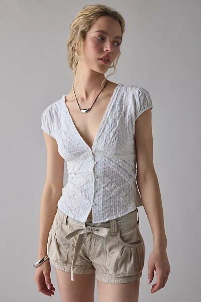 Kimchi Blue Robyn Ruffle + Lace Trim Puff Sleeve Button-up Blouse In White, Women's At Urban Outfitters