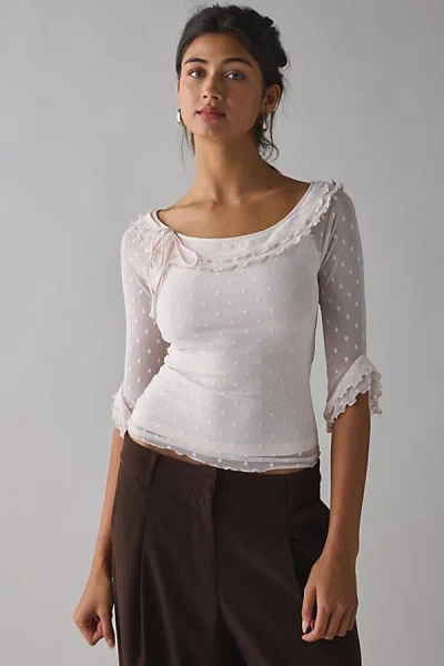 Kimchi Blue Rosalyn Polka Dot Mesh 3/4 Sleeve Boatneck Top In Ivory, Women's At Urban Outfitters In Gray