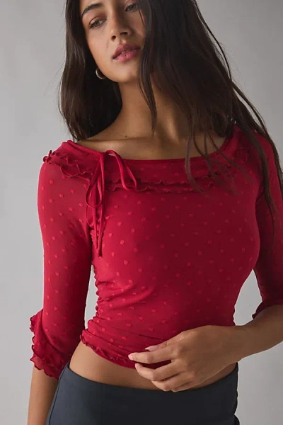 Kimchi Blue Rosalyn Polka Dot Mesh 3/4 Sleeve Boatneck Top In Maroon, Women's At Urban Outfitters In Red