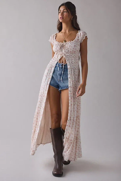 Kimchi Blue Samira Puff Sleeve Smocked Button-front Layering Maxi Dress In Orange, Women's At Urban Outfitters In White