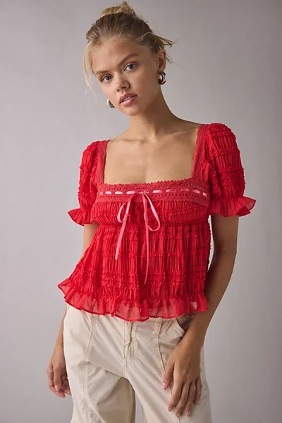 Kimchi Blue Serenade Ruffle Puff Sleeve Babydoll Blouse In Red, Women's At Urban Outfitters