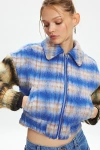 Kimchi Blue Stevie Patchwork Plaid Bomber Jacket In Blue, Women's At Urban Outfitters In Blue