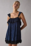 Kimchi Blue Sweet Dreaming Burnout Velvet Lace Trim Babydoll Mini Dress In Navy, Women's At Urban Outfitters In Blue