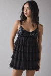 Kimchi Blue Tiered And Tied Ruffle Babydoll Romper In Black, Women's At Urban Outfitters In Black