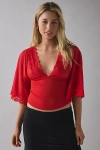 Kimchi Blue Verde Plunging Lace Trim Bell Sleeve Top In Red, Women's At Urban Outfitters In Red