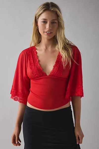 Kimchi Blue Verde Plunging Lace Trim Bell Sleeve Top In Red, Women's At Urban Outfitters