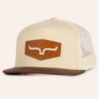 Kimes Ranch Natural & Brown Leather Cutout Logo Patch Flat Bill Trucker Cap In Gray