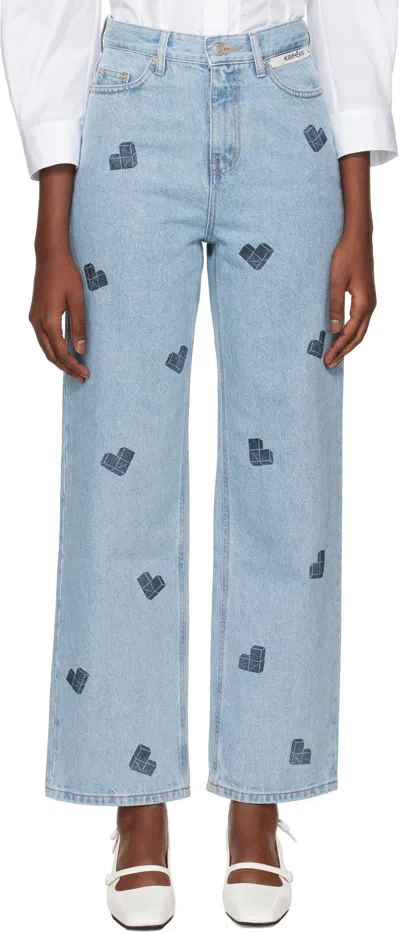 Kimhēkim Blue Heart Puzzle Stamped Jeans In Sky Blue