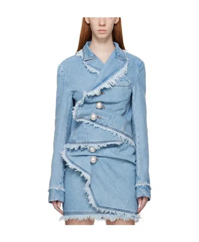 Kimhēkim Frayed-edge Asymmetric Denim Jacket In Blue