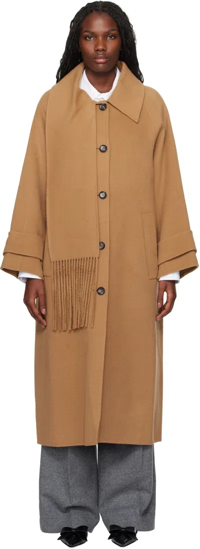Kimhēkim Tan Alpaca Fringe Scarf Long Coat In Beige