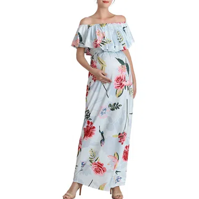 Kimi And Kai Deya Floral Off The Shoulder Maternity/nursing Maxi Dress In Blue Multicolored
