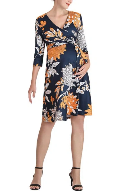 Kimi & Kai Dona Floral Faux Wrap Maternity Nursing Dress In Blue