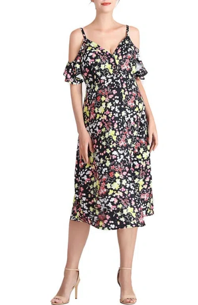 Kimi And Kai Esme Floral Cold Shoulder Button Front Maternity Dress In Multicolored