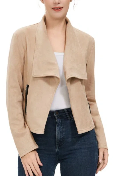 Kimi & Kai Faux Suede Open Front Jacket In Neutral