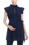 Kimi & Kai Karlena Flutter Sleeve Belted Maternity Top In Navy