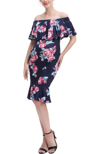 Kimi & Kai Lyra Off The Shoulder Maternity Nursing Mermaid Dress In Neutral