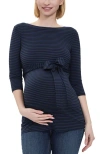 Kimi & Kai Maternity Striped Boat Neck Top In Blue