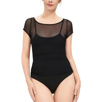 Kimi & Kai Sheer Mesh Short Sleeve Bodysuit Top In Black