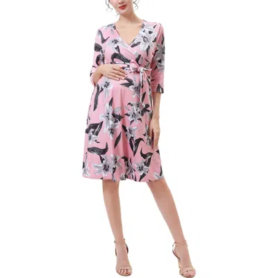 Kimi & Kai Sophie Floral Faux Wrap Maternity Nursing Dress In Pink
